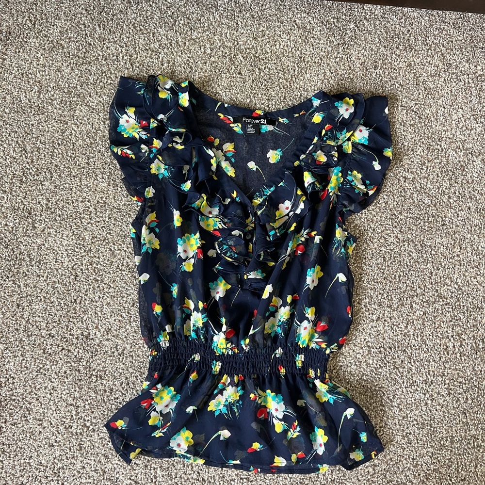 Forever 21 Navy Floral Ruffle Blouse